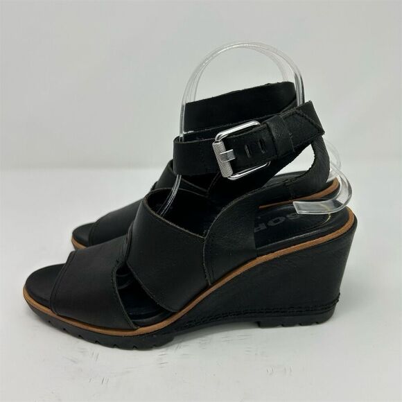 Sorel Women's Black Leather Ankle Strap Buckle Wedge Sandals Size 8 - Picture 6 of 11